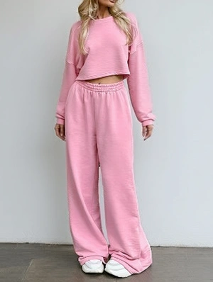 Plain Loose Cropped Sweatshirt Pant Sets