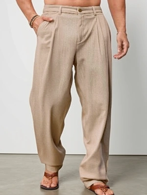 Plain Color Waistband Pleating Straight Long Pant