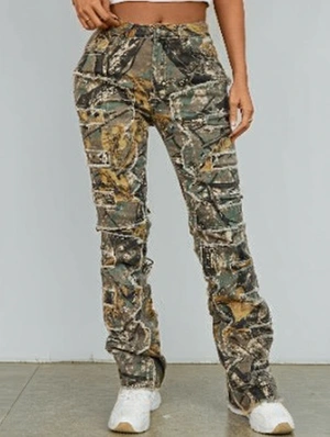Camo Embroidery Denim Raged Hem Jeans