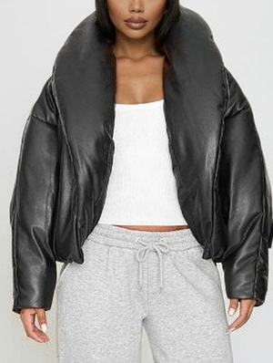 Plain Stand Collar PU Cropped Loose Coats