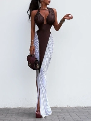 Ruched V Neck Halter Backless Lace-Up Maxi Dress