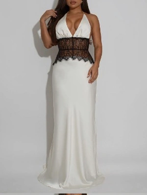 Satin Lace Panel Sheer V Neck Backless Maxi Dress