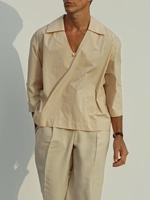 V Neck Elbow Sleeve Loose Polo Shirt