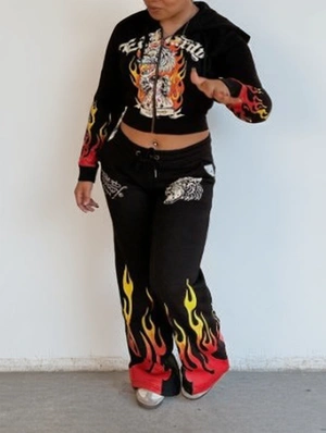 Tiger Flame Printed Hooded Wide Leg Pant Sets