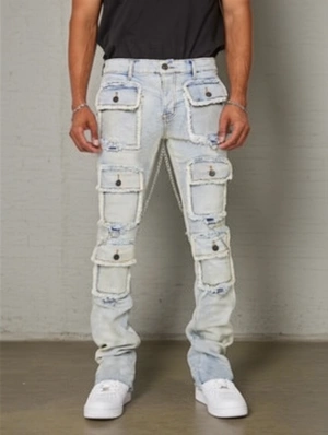 Raged Hem Denim Multi Pocket Cargo Jeans