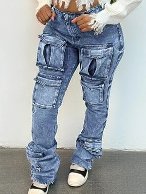 Stacked Denim Multi Pocket Cargo Flared Jeans
