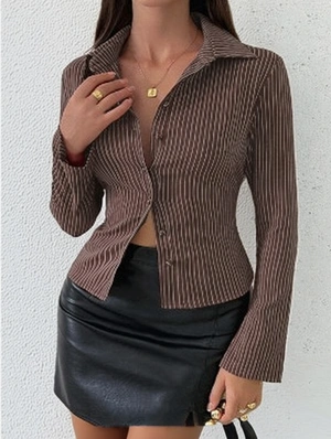 Striped Down Collar Single Breasted Long Sleeve Blouses
