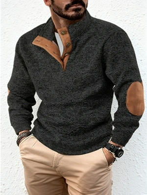  Elbow Patch Colorblock Metal Buckle Lapel Sweatshirt