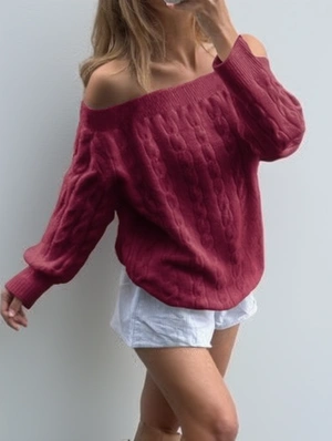 Pure Color Woven Texture Off Shoulder Long Sleeve Sweater