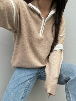 Colorblock V Neck Zipper Long Sleeve Sweater