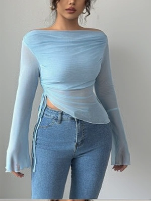 Irregular Sheer Lace-Up Trumpet Sleeve Tops