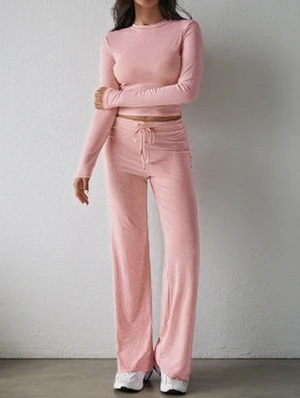 Pure Color Crewneck Long Sleeve Drawstring Straight Pant Sets