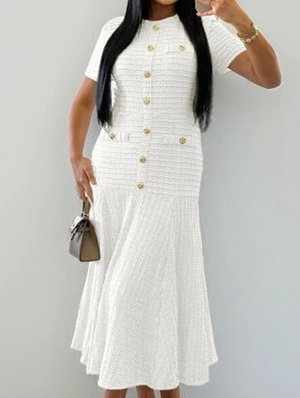 Knitting Texture Crewneck Single Breasted Short Sleeve Maxi Dress