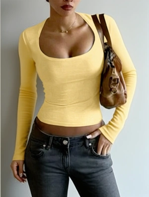 Pure Color U Neck Long Sleeve Bodycon T-shirts