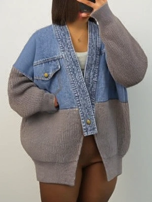 Knitted Denim Patchwork Irregular V Neck Cardigan