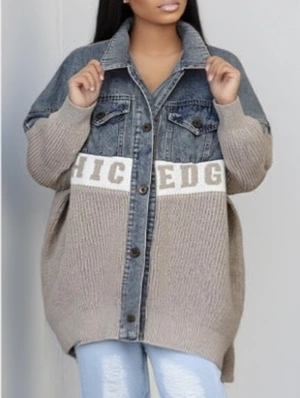 Knitting Denim Letter Baggy Lapel Cardigan