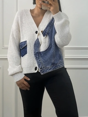 Knitted Denim Irregular V Neck Cardigan