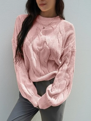 Pure Color Woven Texture Crewneck Long Sleeve Sweater