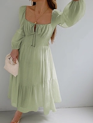 Pure Color Lace Up U Neck A-line Long Sleeve Maxi Dress