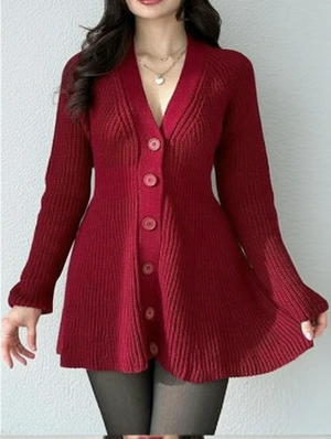 V Neck Single Breasted Long Sleeve Woolen Dress