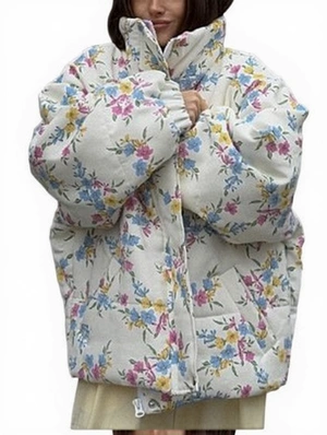 Disty Floral Stand Collar Zipper Down Coats