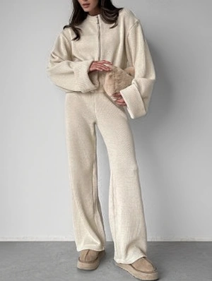 Knitting Solid Loose Zipper Cardigan Pant Sets