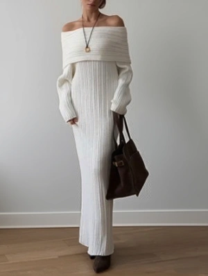 Knitting Plain Off Shoulder Fitted Maxi Dress