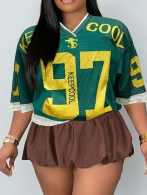 Mesh Colorblock Printed V Neck Loose Jerseys