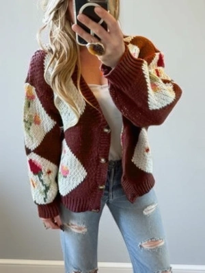Single Breasted V Neck Long Sleeve Jacquard Woolen Cardigan