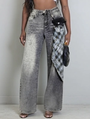 Plaid Patchwork Washed Denim Cargo Jeans