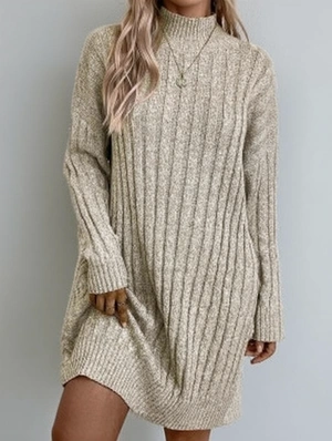 Pure Color Striped Turtleneck Long Sleeve Dress