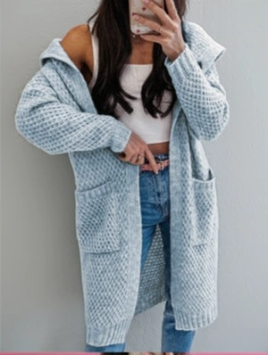 Rhombic Pattern Pocket Hooded Fibers Cardigan