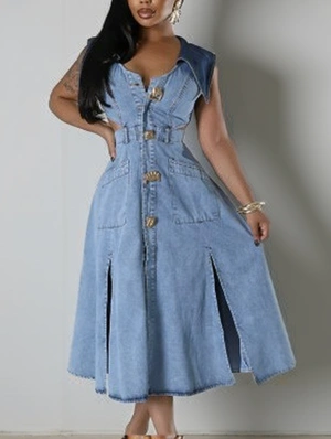 Hollow-out Denim Split Hem Sleeveless Midi Dress
