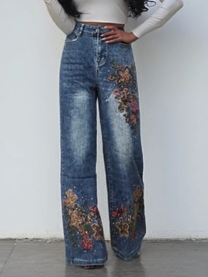 Floral Embroidery Denim Embellished Jeans