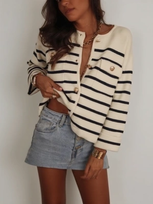 Colorblock Striped Crewneck Long Sleeve Knitting Cardigan