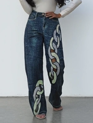 Rhinestones Hollow-out Denim Straight Jeans