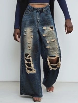 Vintage Ripped Denim Wide Leg Jeans