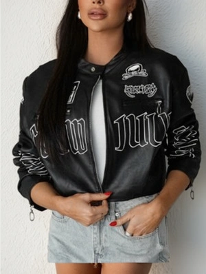 Letter Skull Embroidery Zipper Cropped Peacoat