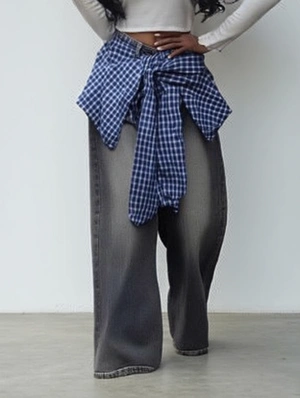 Plaid Fart Curtain Washed Denim Straight Jeans