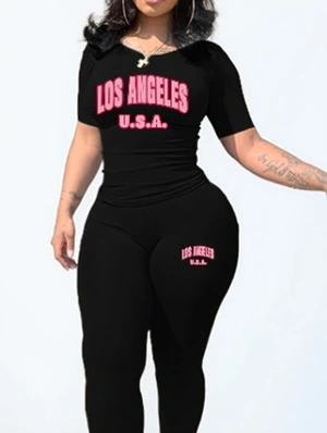 Letter Slogan Colorblock Round Neck Pant Sets