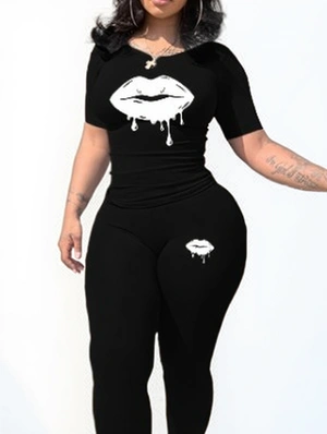 Drip Shaped Lips Short Sleeve Pant Sets