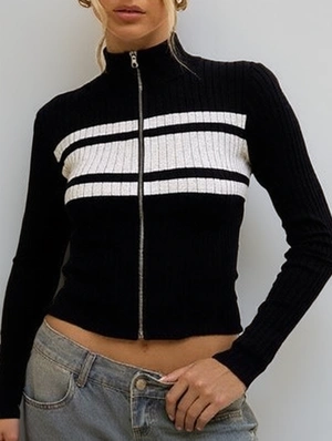 Colorblock Striped Zipper Stand Collar Long Sleeve Cardigan