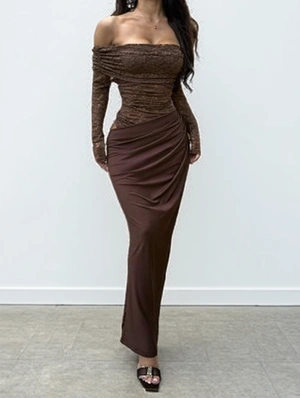 Lace Off Shoulder Long Sleeve Waistband Pleats Maxi Dress