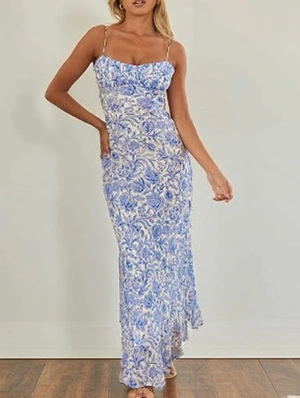 Disty Floral Printed Backless Spaghetti Straps Maxi Dress