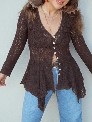Lace V Neck Single Breasted Long Sleeve Asymmetrical Hem Cardigan