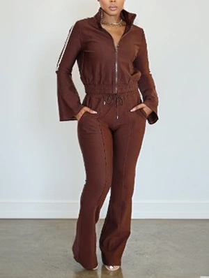 Striped Trim Trumpet Sleeve Coats Pant Sets