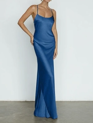 Pure Color Glossy Backless Lace Up Slip Maxi Dress
