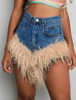Fluff Denim A-line Fur Trim Shorts