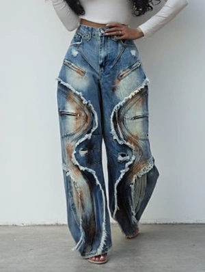 Distressed Fuzzy Trim Denim Barrel Jeans