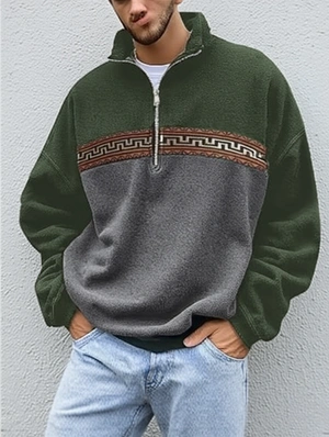 Colorblock Jacquard Weave Stand Collar Zipper Long Sleeve Sweatshirt